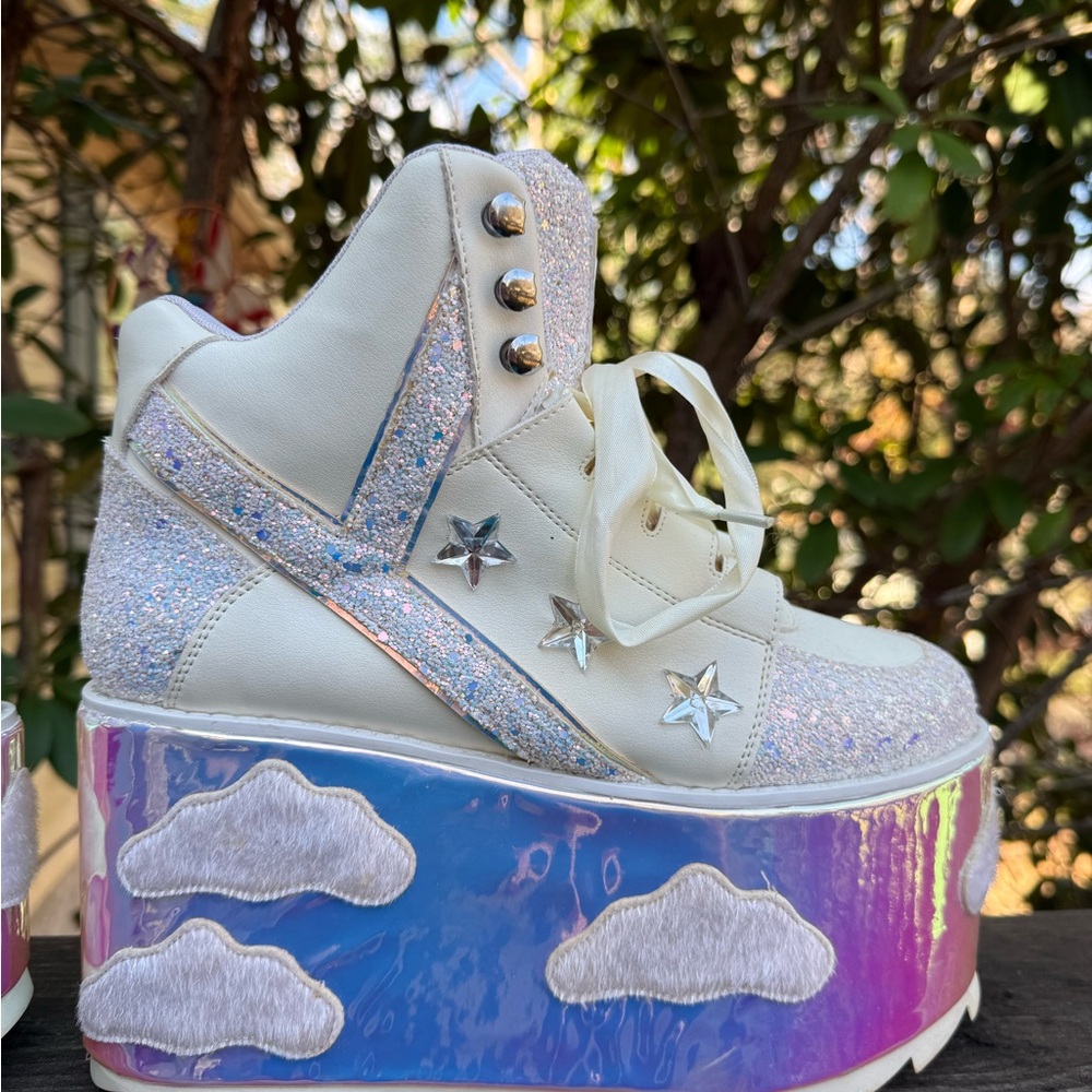 YRU White and Silver Glitter Platform Sneakers